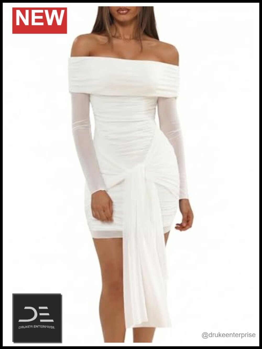 Off Shoulder Long Sleeve Ruched Bodycon Mini Dress Mesh Tie Belt